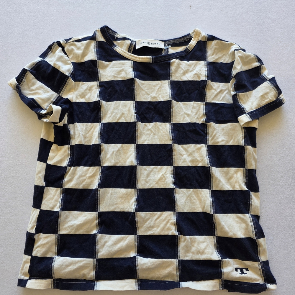 Tory Burch Navy and Cream Checkered Short Sleeve Tee
